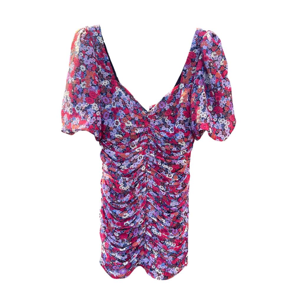Zara Red-Pink Floral Ruched V-Neck Mini Dress